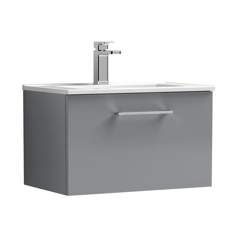 Nuie Arno 600mm Wall Hung 1 Drawer Vanity & Basin 2 Contemporary Satin Grey MFC Painted Matt 377x600x390mm