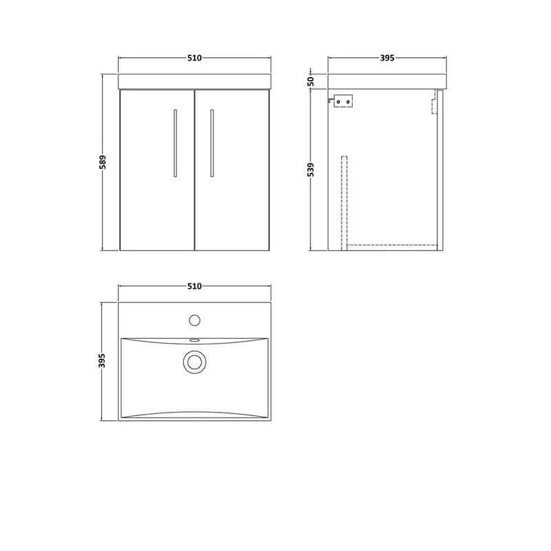 Nuie Arno 500mm Wall Hung 2 Door Vanity & Basin 3 Contemporary Satin Grey MFC Painted Matt 589x510x395mm