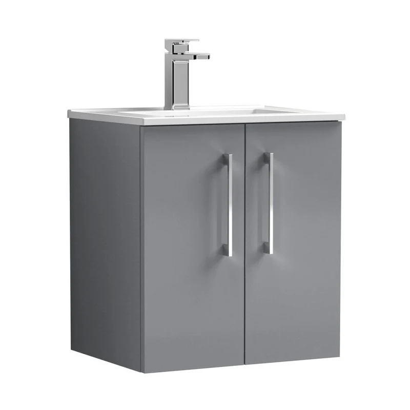 Nuie Arno 500mm Wall Hung 2 Door Vanity & Basin 2 Contemporary Satin Grey MFC Painted Matt 594x500x390mm