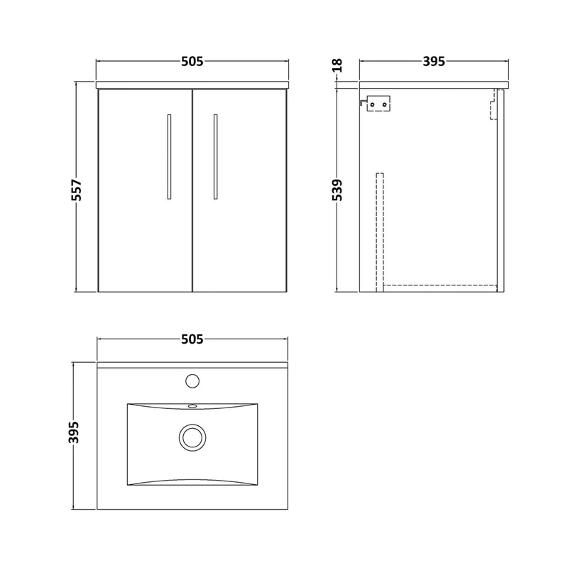 Nuie Arno 500mm Wall Hung 2 Door Vanity & Basin 2 Contemporary Satin Grey MFC Painted Matt 594x500x390mm