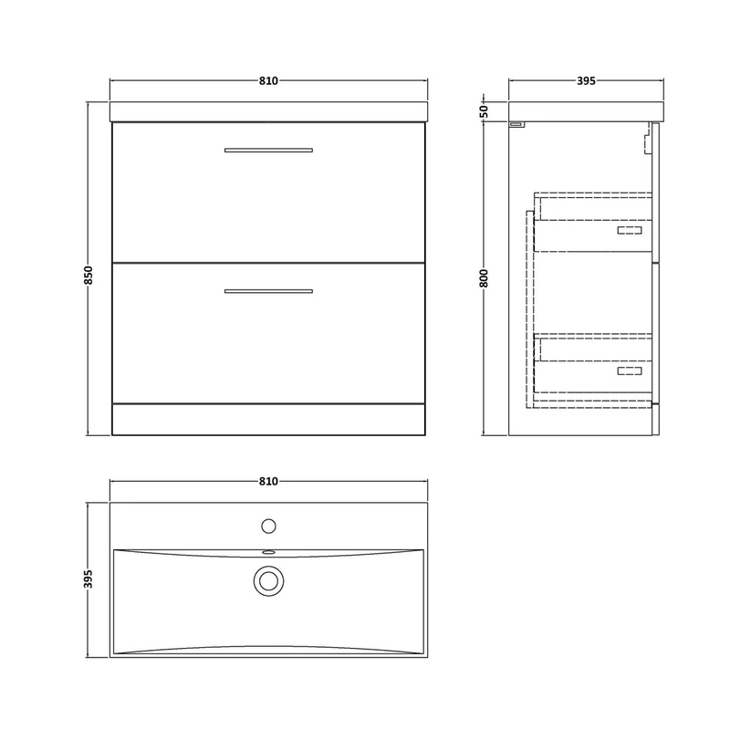Nuie Arno 800mm Floor Standing 2 Drawer Vanity & Basin 3 Contemporary Soft Black MFC 850x810x395mm