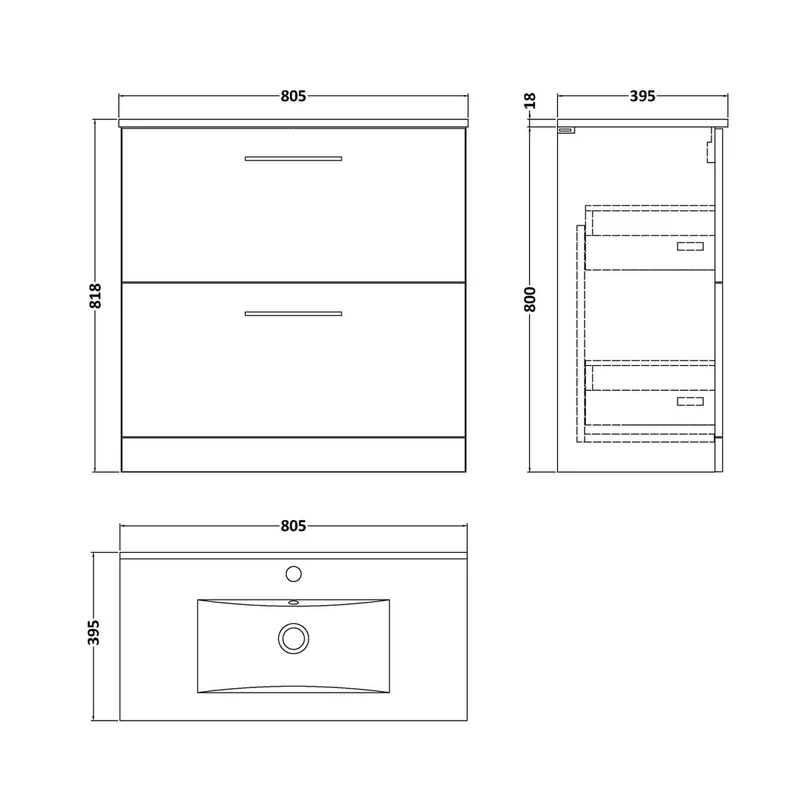 Nuie Arno 800mm Floor Standing 2 Drawer Vanity & Basin 2 Contemporary Soft Black MFC 815x800x390mm