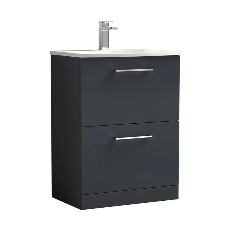 Nuie Arno 600mm Floor Standing 2 Drawer Vanity & Basin 4 Contemporary Soft Black MFC 830x610x440mm