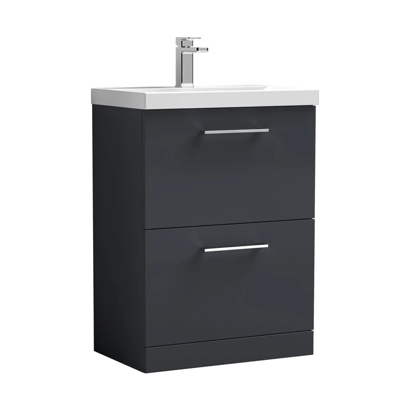Nuie Arno 600mm Floor Standing 2 Drawer Vanity & Basin 3 Contemporary Soft Black MFC 850x610x395mm