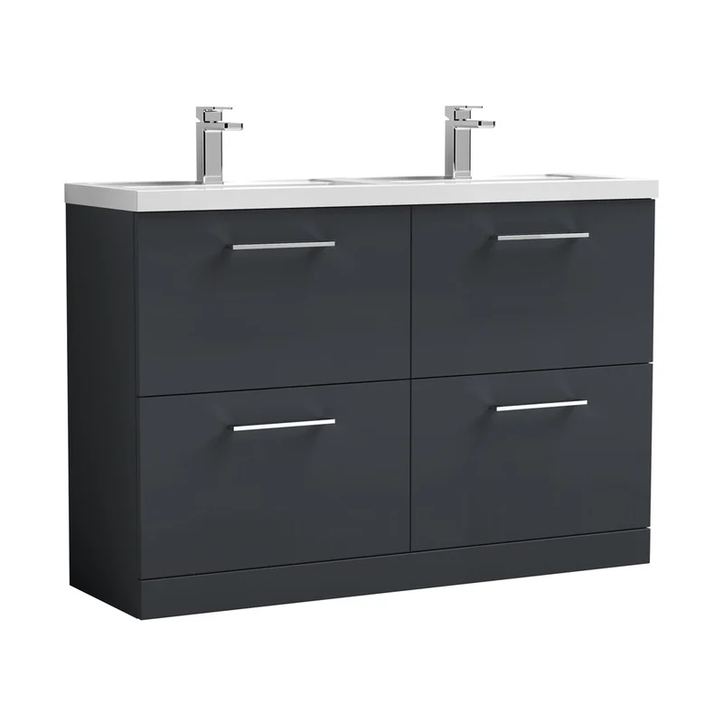 Nuie Arno 1200mm Floor Standing 4 Drawer Vanity & Double Basin Contemporary Soft Black MFC Painted Matt 840x1205x383mm - ARN1433C
