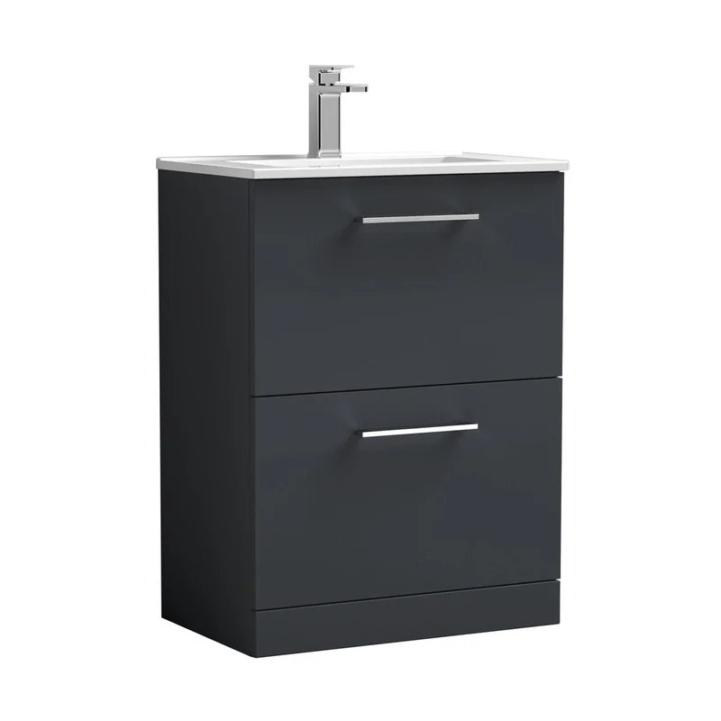 Nuie Arno 600mm Floor Standing 2 Drawer Vanity & Basin 2 Contemporary Soft Black MFC 818x600x390mm