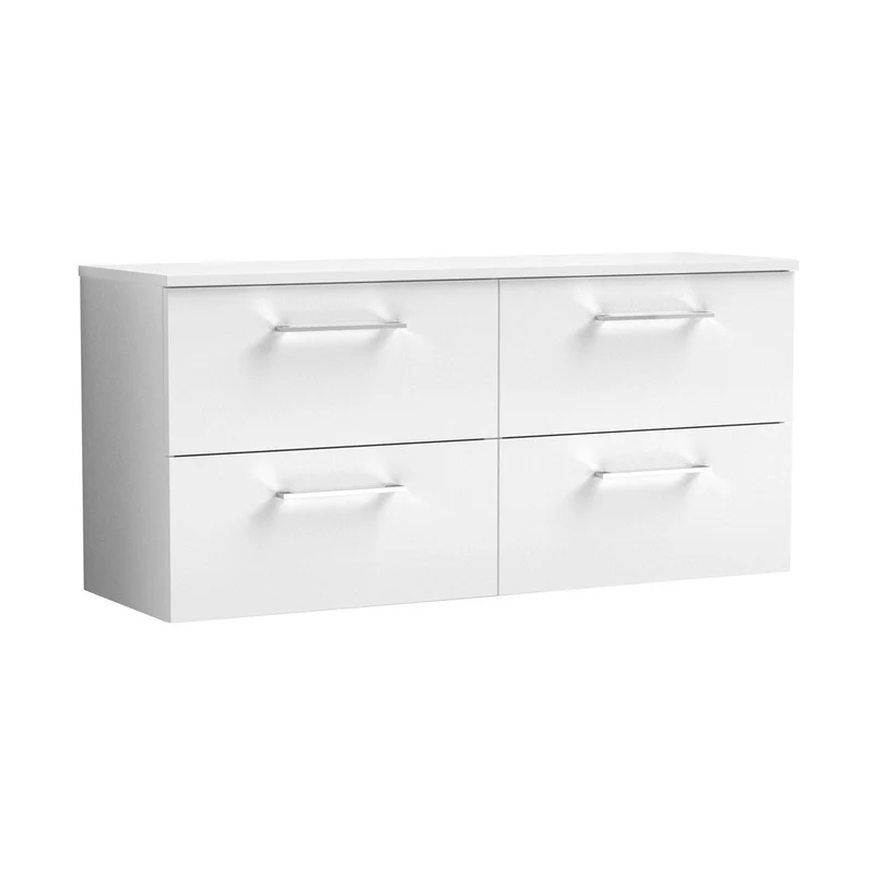 Nuie Arno 1200mm Wall Hung 4 Drawer Vanity & Worktop Contemporary Gloss White MFC Painted Gloss 557x1205x390mm