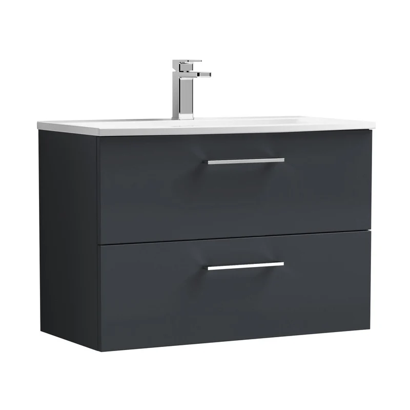 Nuie Arno 800mm Wall Hung 2 Drawer Vanity & Basin 4 Contemporary Soft Black MFC Painted Matt 569x810x440mm
