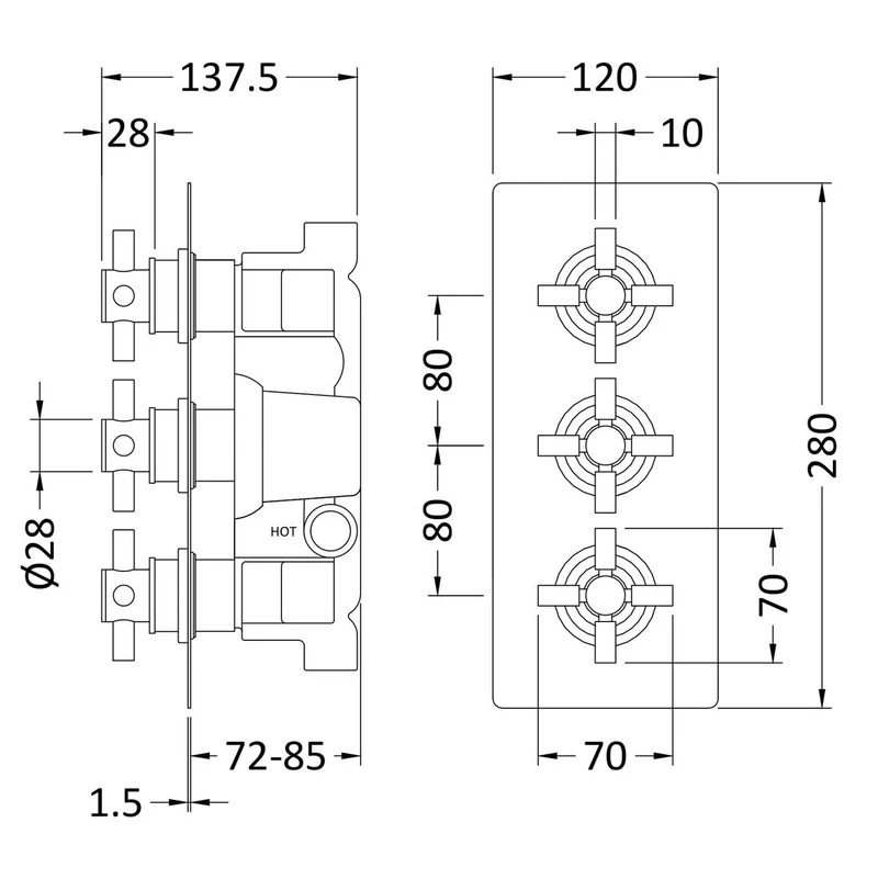 Hudson Reed Tec Cross 2 Outlet Triple Handle Concealed Thermostatic Shower Valve - Chrome