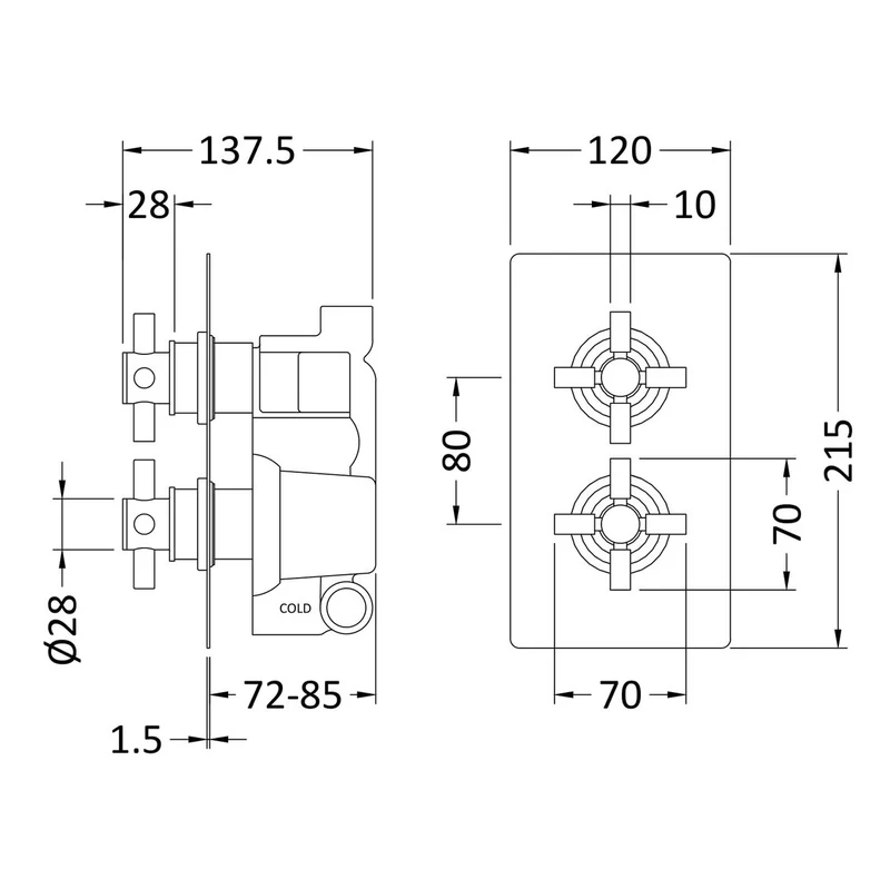 Hudson Reed Tec Cross 2 Outlet Twin Handle Concealed Thermostatic Shower Valve - Brushed Brass