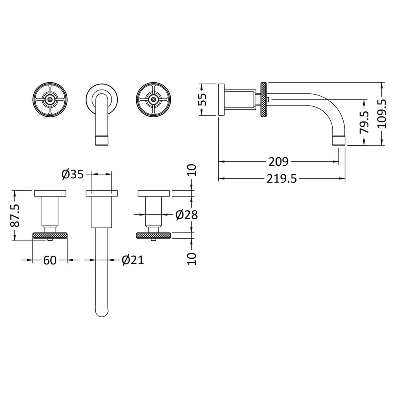 Hudson Reed Revolution Wall Mounted Basin Mixer - Brushed Brass