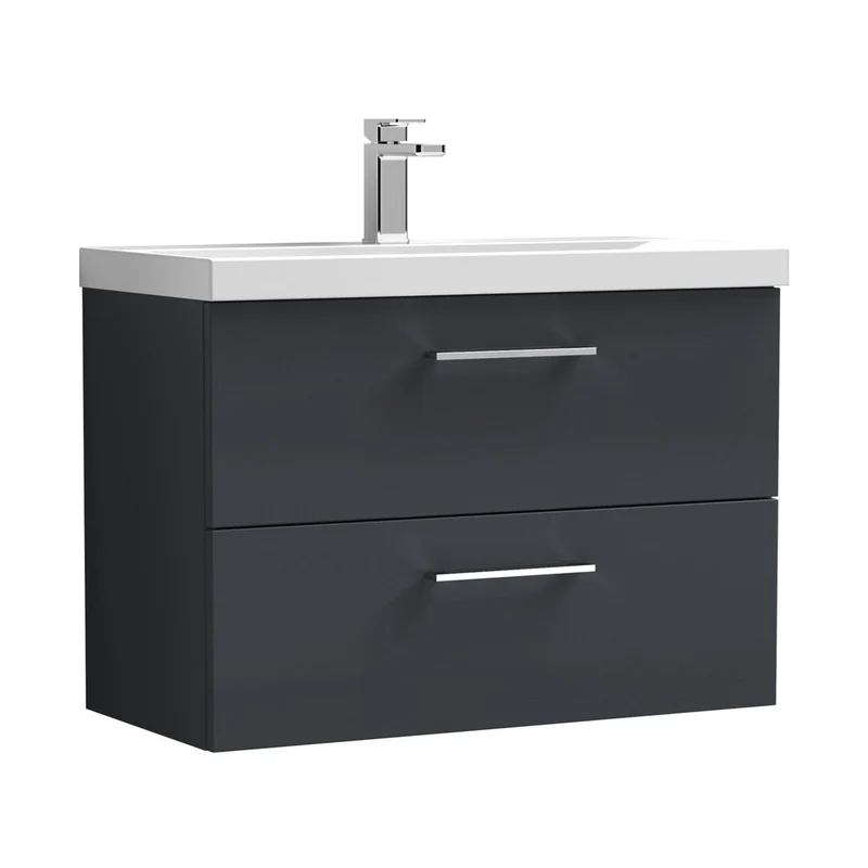 Nuie Arno 800mm Wall Hung 2 Drawer Vanity & Basin 1 Contemporary Soft Black MFC Painted Matt 579x810x390mm