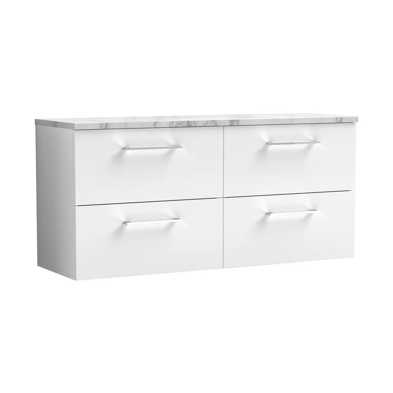 Nuie Arno 1200mm Wall Hung 4-drawer Vanity & Laminate Worktop Contemporary Gloss White MFC Painted Gloss 561x1205x390mm - ARN124LCM2