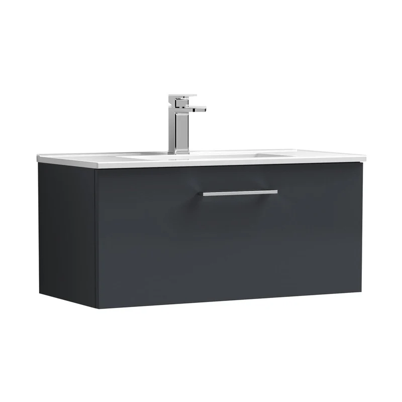 Nuie Arno 800mm Wall Hung 1 Drawer Vanity & Basin 2 Contemporary Soft Black MFC Painted Matt 374x800x390mm