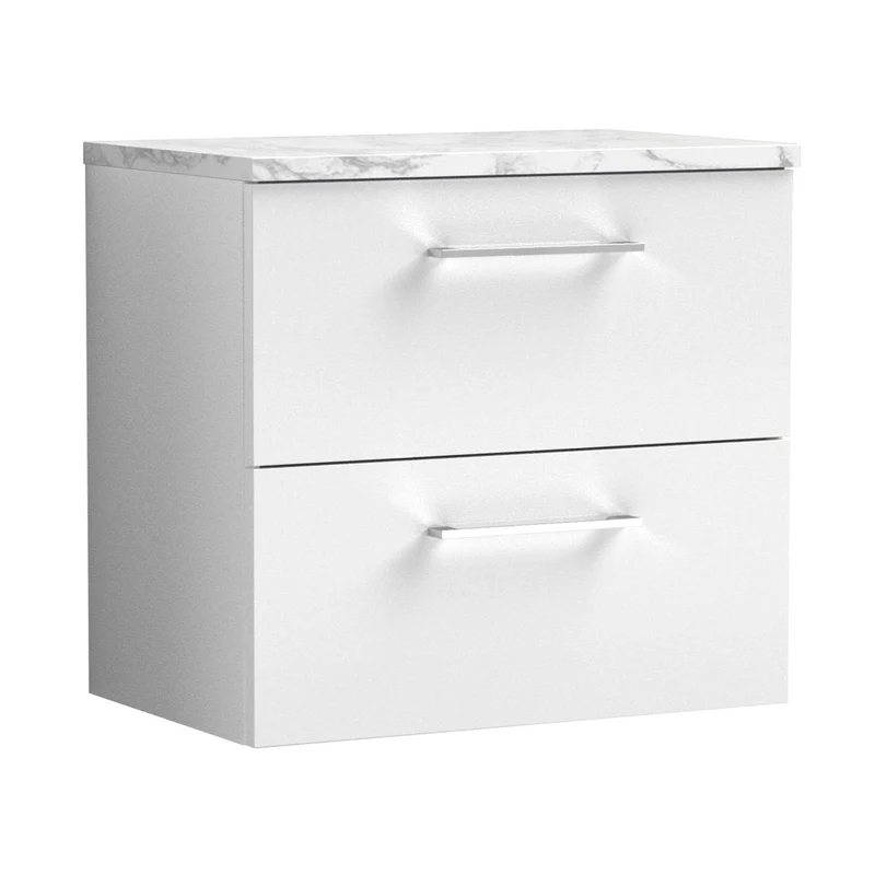 Nuie Arno 600mm Wall Hung 2-drawer Vanity & Laminate Worktop Contemporary Gloss White MFC Painted Gloss 561x605x390mm