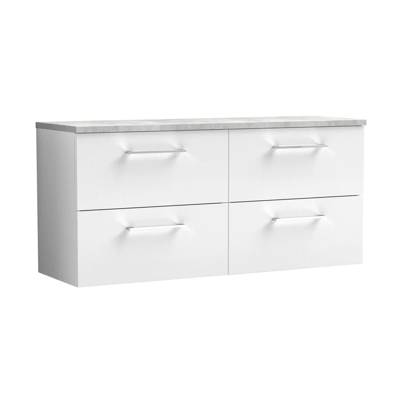 Nuie Arno 1200mm Wall Hung 4-drawer Vanity & Laminate Worktop Contemporary Gloss White MFC Painted Gloss 561x1205x390mm - ARN124LBG2