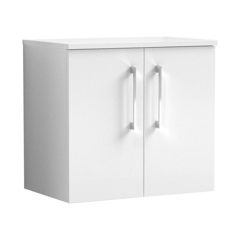 Nuie Arno 600mm Wall Hung 2 Door Vanity & Worktop Contemporary Gloss White MFC Painted Gloss 557x600x383mm