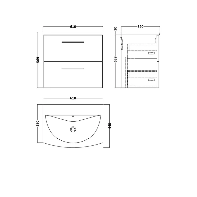 Nuie Arno 600mm Wall Hung 2 Drawer Vanity & Basin 4 Contemporary Soft Black 569x610x440mm
