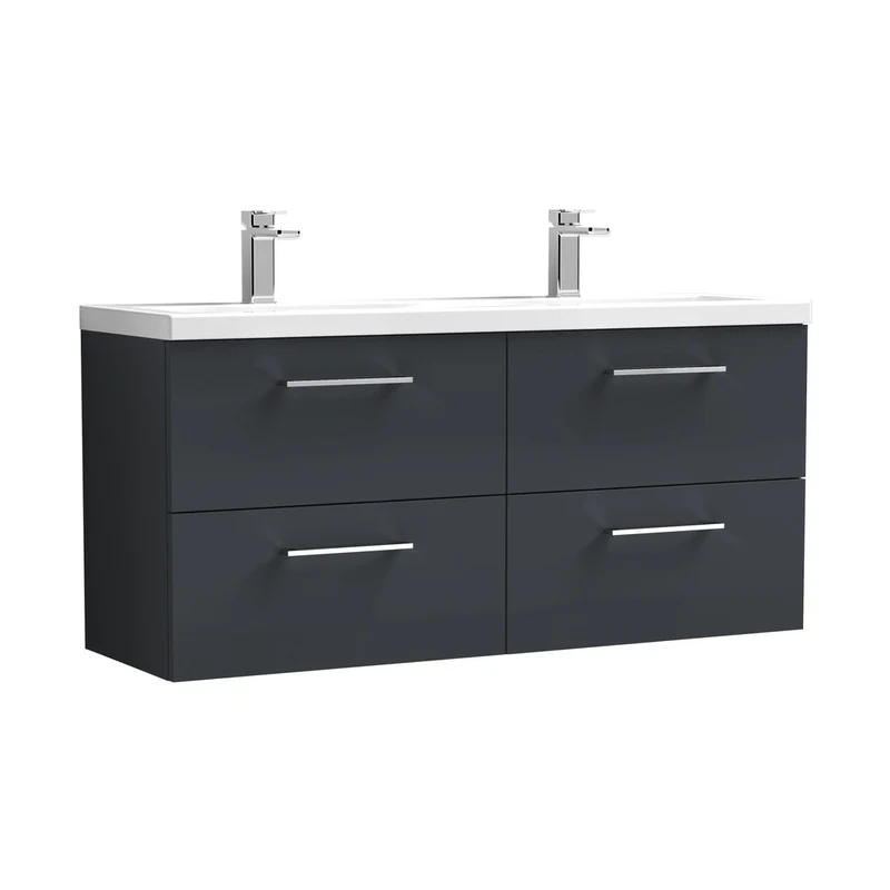 Nuie Arno 1200mm Wall Hung 4 Drawer Vanity & Double Basin Contemporary Soft Black MFC Painted Matt 579x1205x383mm - ARN1424F