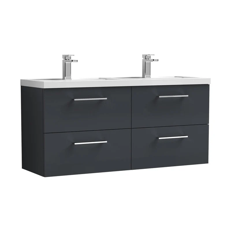 Nuie Arno 1200mm Wall Hung 4 Drawer Vanity & Double Basin Contemporary Soft Black MFC Painted Matt 579x1205x383mm - ARN1424C