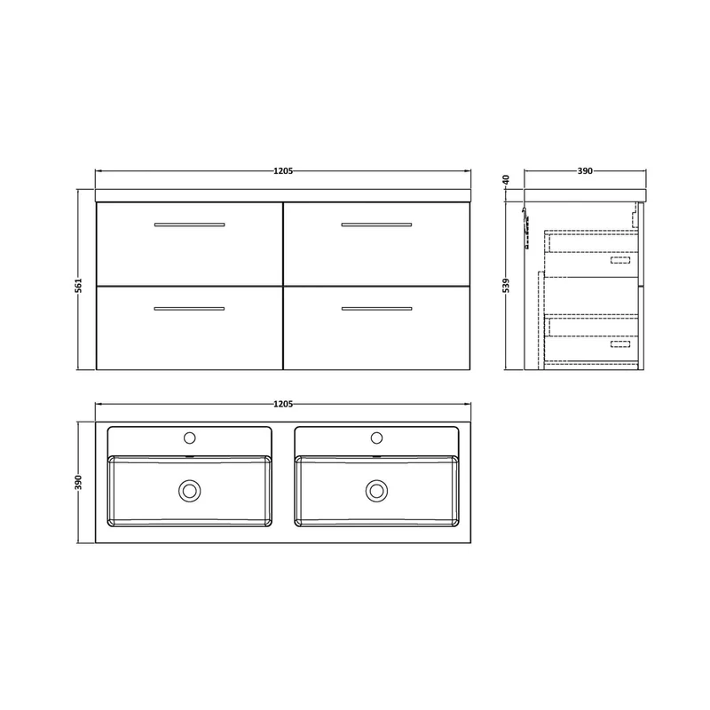 Nuie Arno 1200mm Wall Hung 4 Drawer Vanity & Double Basin Contemporary Soft Black MFC Painted Matt 579x1205x383mm - ARN1424C