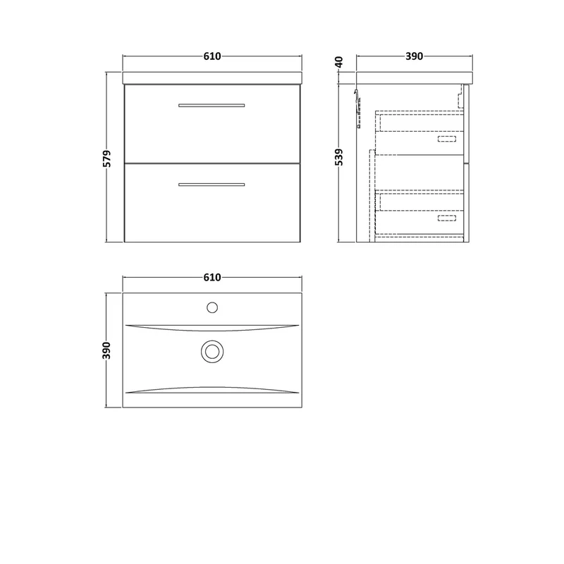 Nuie Arno 600mm Wall Hung 2 Drawer Vanity & Basin 1 Contemporary Soft Black 579x610x390mm