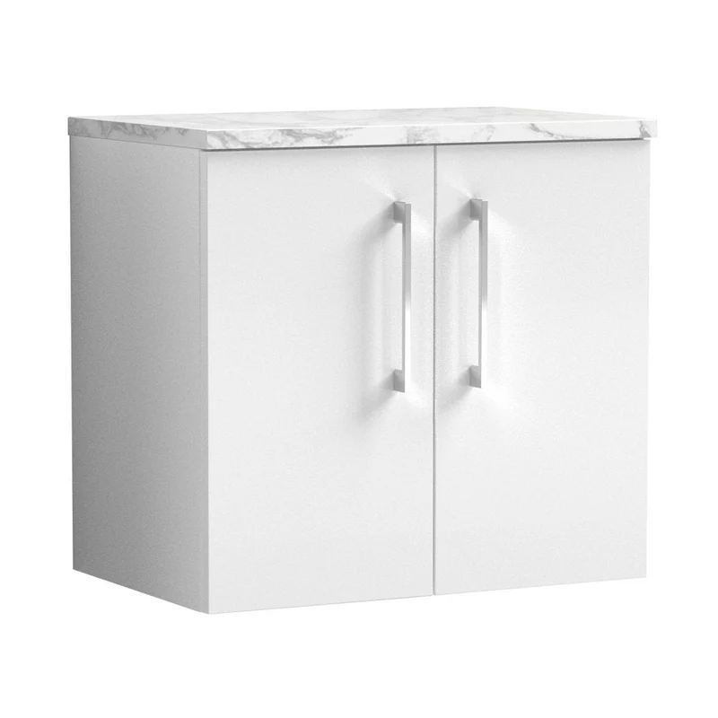 Nuie Arno 600mm Wall Hung 2-door Vanity & Laminate Worktop Contemporary Gloss White MFC Painted Gloss 561x605x390mm