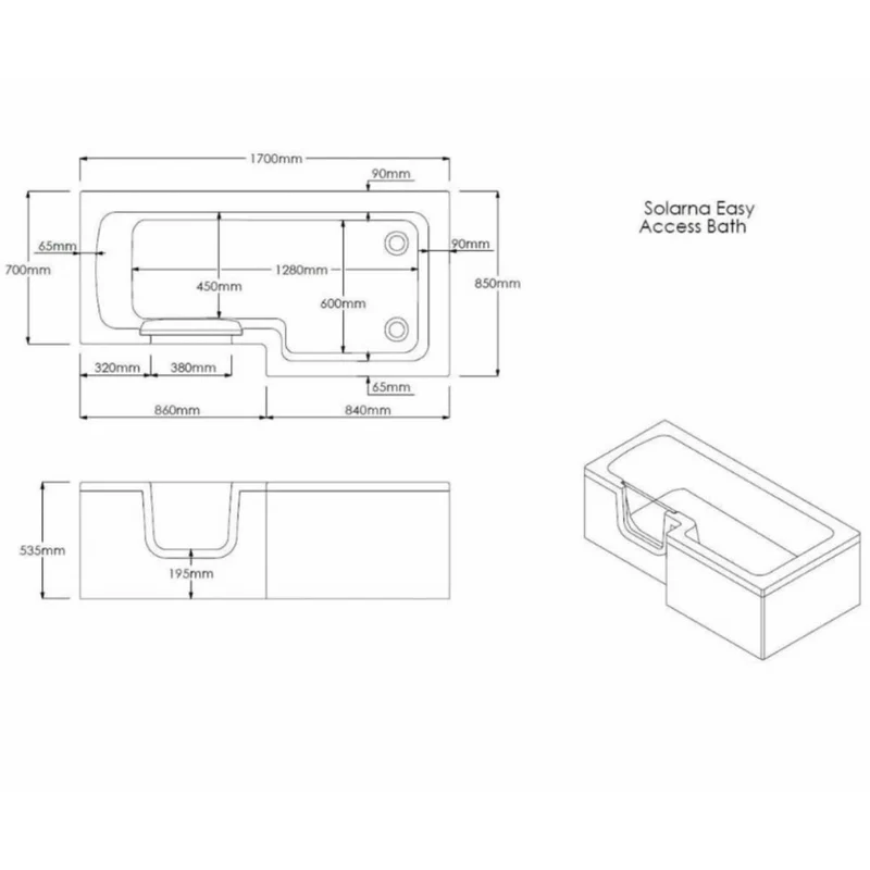 Bathe Easy Solarna Easy Access 1700mm L-Shape Bath, Screen & Panels - Right Hand