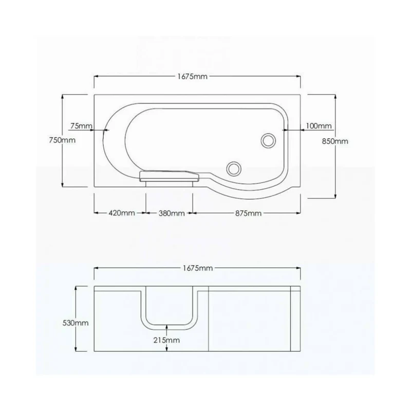 Bathe Easy Concert Easy Access 1675mm P-Shape Shower Bath, Screen & Panels - Left Hand