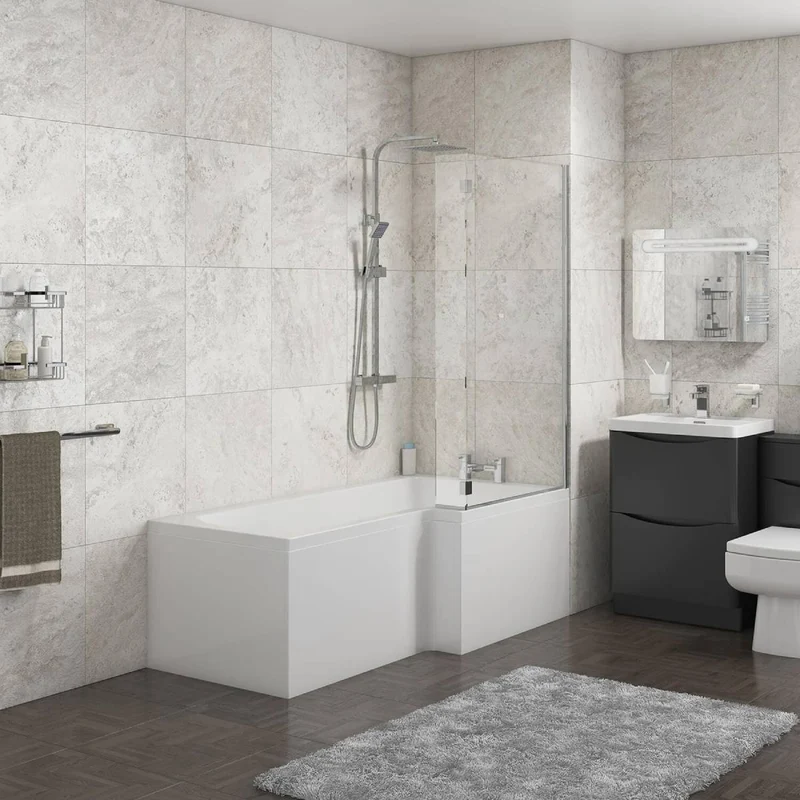 Linea 1700mm L-Shape Shower Bath, Front Panel & Screen - Right Hand