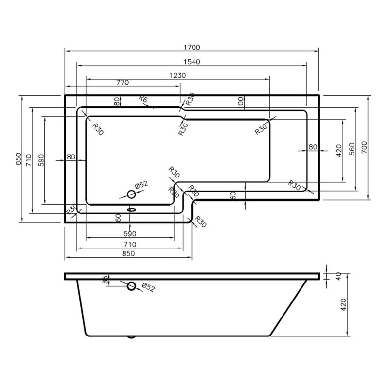 Linea 1700mm L-Shape Shower Bath, Front Panel & Screen - Left Hand