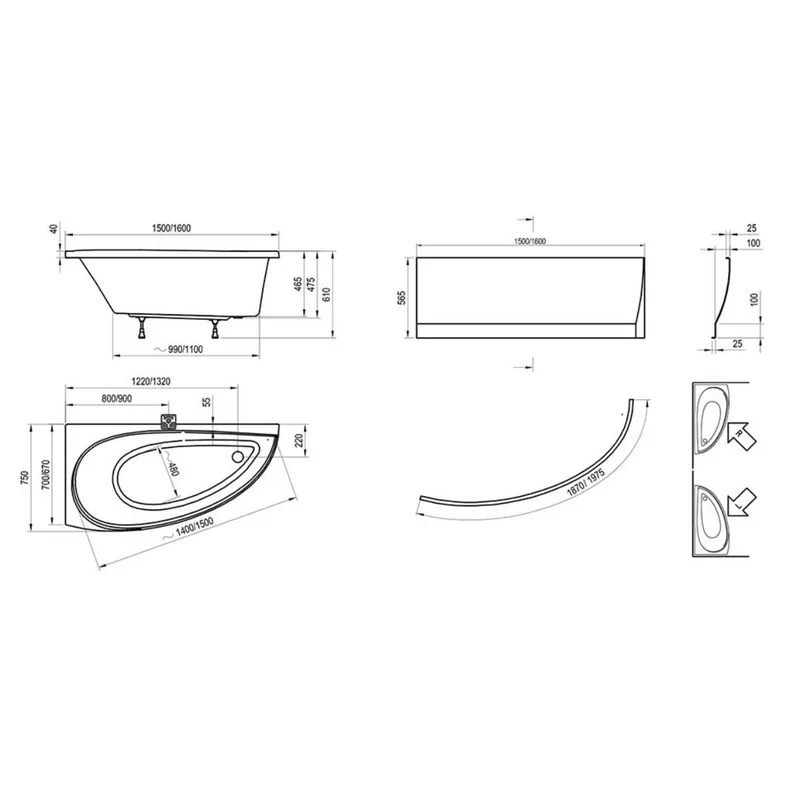 Ravak Avocado 1500 Space Saving Corner Bath & Bath Panel - Left Hand