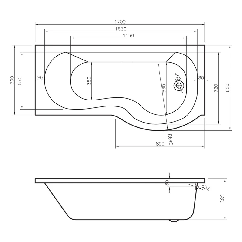 Ari 1700 x 700mm P-Shape Shower Bath, Panel & Screen - Left Hand