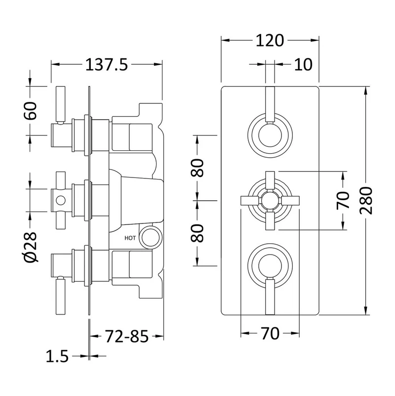 Hudson Reed Tec Lever 3 Outlet Triple Handle Concealed Thermostatic Shower Valve - Chrome