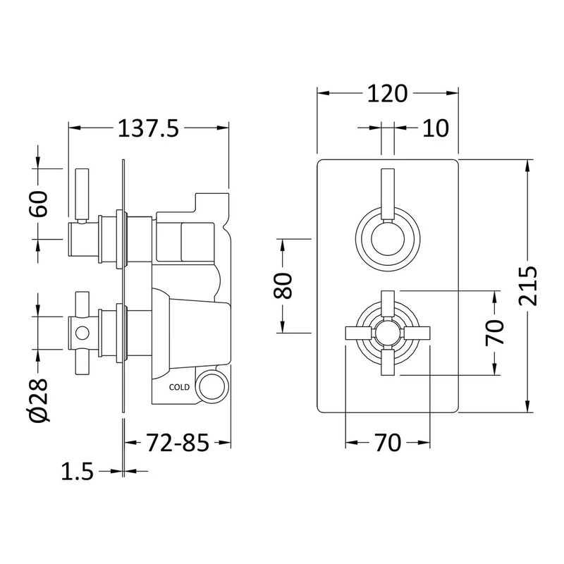 Hudson Reed Tec Lever 1 Outlet Twin Handle Concealed Thermostatic Shower Valve - Chrome