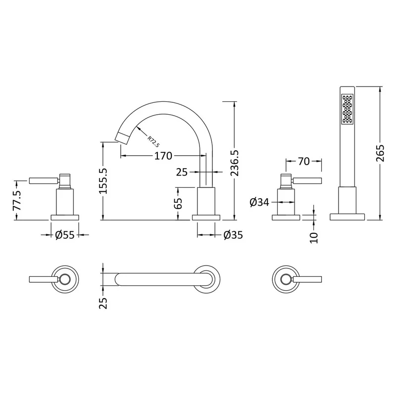 Hudson Reed Tec Lever 4 Tap Hole Bath Shower Mixer - Chrome