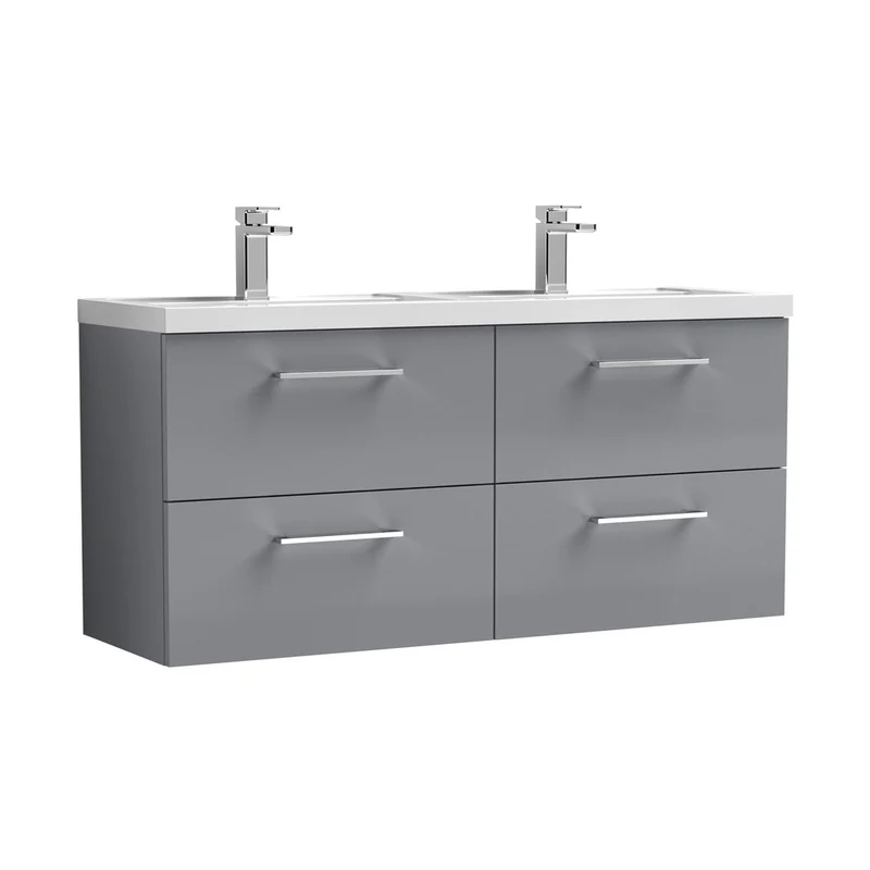 Nuie Arno 1200mm Wall Hung 4 Drawer Vanity & Double Basin Contemporary Satin Grey MFC Painted Matt 579x1205x383mm - ARN2224C