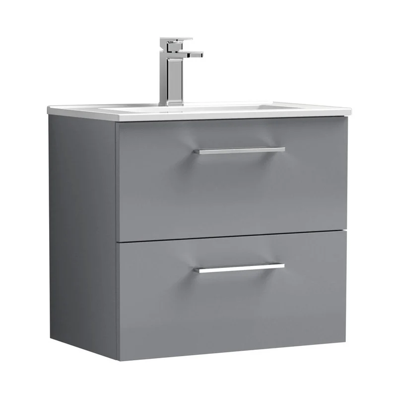 Nuie Arno 600mm Wall Hung 2 Drawer Vanity & Basin 2 Contemporary Satin Grey 554x600x390mm