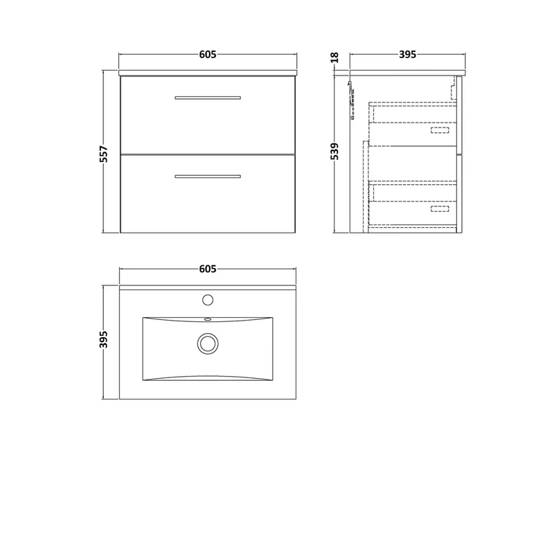 Nuie Arno 600mm Wall Hung 2 Drawer Vanity & Basin 2 Contemporary Satin Grey 554x600x390mm