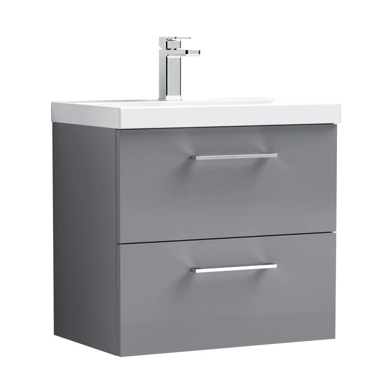 Nuie Arno 600mm Wall Hung 2 Drawer Vanity & Basin 1 Contemporary Satin Grey MFC Painted Matt 579x610x390mm