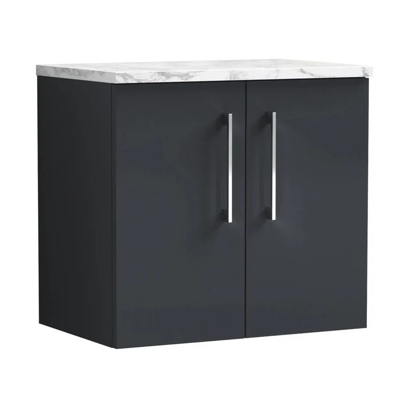 Nuie Arno 600mm Wall Hung 2-door Vanity & Laminate Worktop Contemporary Soft Black MFC Painted Matt 562x605x390mm