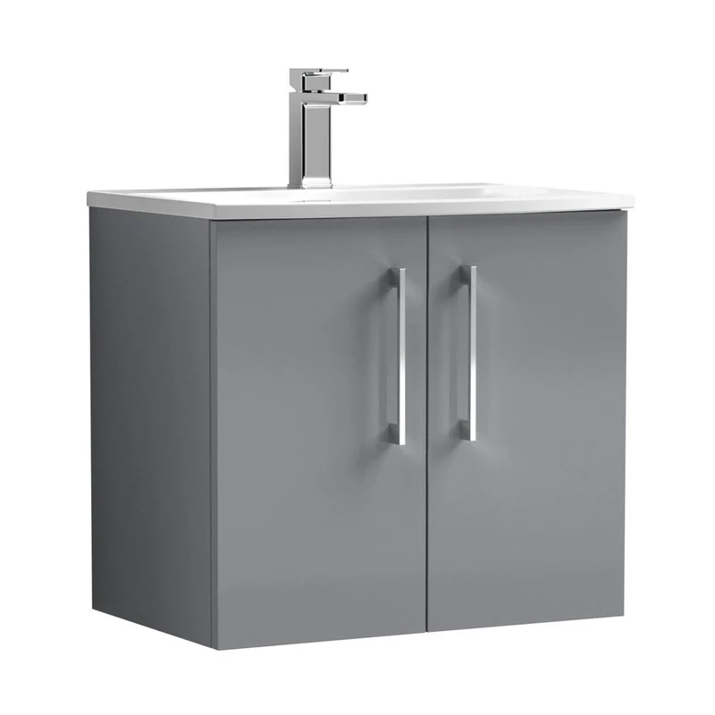 Nuie Arno 600mm Wall Hung 2 Door Vanity & Basin 4 Contemporary Satin Grey MFC Painted Matt 569x610x440mm