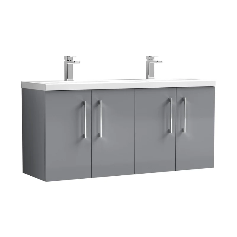 Nuie Arno 1200mm Wall Hung 4 Door Vanity & Double Basin Contemporary Satin Grey MFC Painted Matt 579x1205x383mm - ARN2223F