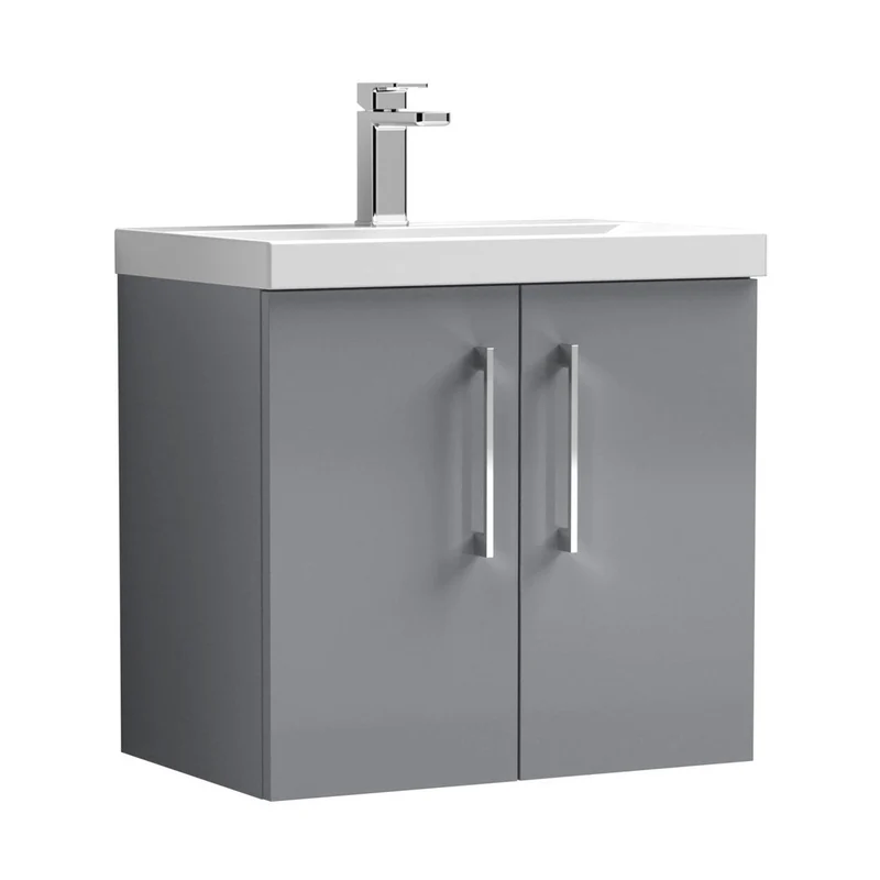 Nuie Arno 600mm Wall Hung 2 Door Vanity & Basin 3 Contemporary Satin Grey MFC Painted Matt 589x610x395mm