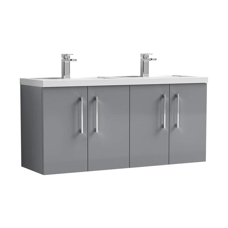 Nuie Arno 1200mm Wall Hung 4 Door Vanity & Double Basin Contemporary Satin Grey MFC Painted Matt 579x1205x383mm - ARN2223C