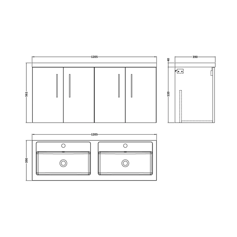 Nuie Arno 1200mm Wall Hung 4 Door Vanity & Double Basin Contemporary Satin Grey MFC Painted Matt 579x1205x383mm - ARN2223C