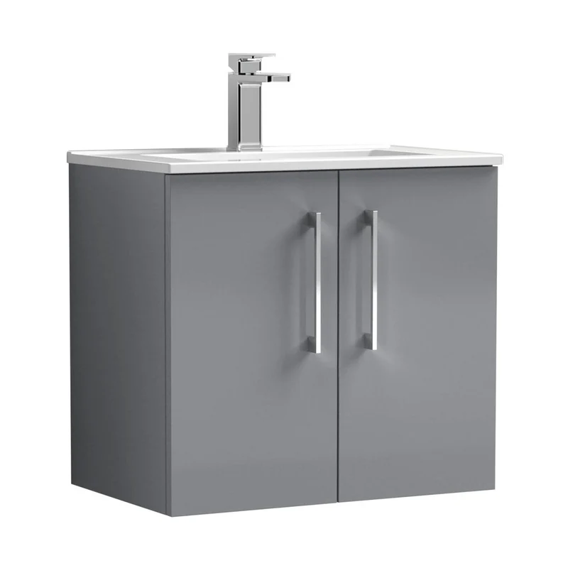 Nuie Arno 600mm Wall Hung 2 Door Vanity & Basin 2 Contemporary Satin Grey MFC Painted Matt 557x600x390mm
