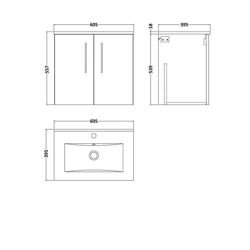 Nuie Arno 600mm Wall Hung 2 Door Vanity & Basin 2 Contemporary Satin Grey MFC Painted Matt 557x600x390mm