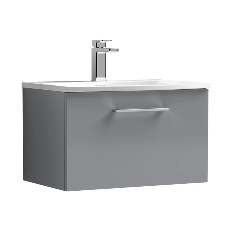 Nuie Arno 600mm Wall Hung 1 Drawer Vanity & Basin 4 Contemporary Satin Grey MFC Painted Matt 389x610x440mm