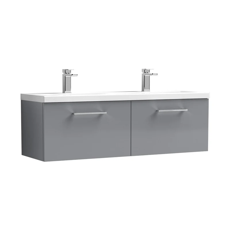 Nuie Arno 1200mm Wall Hung 2 Drawer Vanity & Double Basin Contemporary Satin Grey MFC Painted Matt 399x1205x383mm - ARN2222F